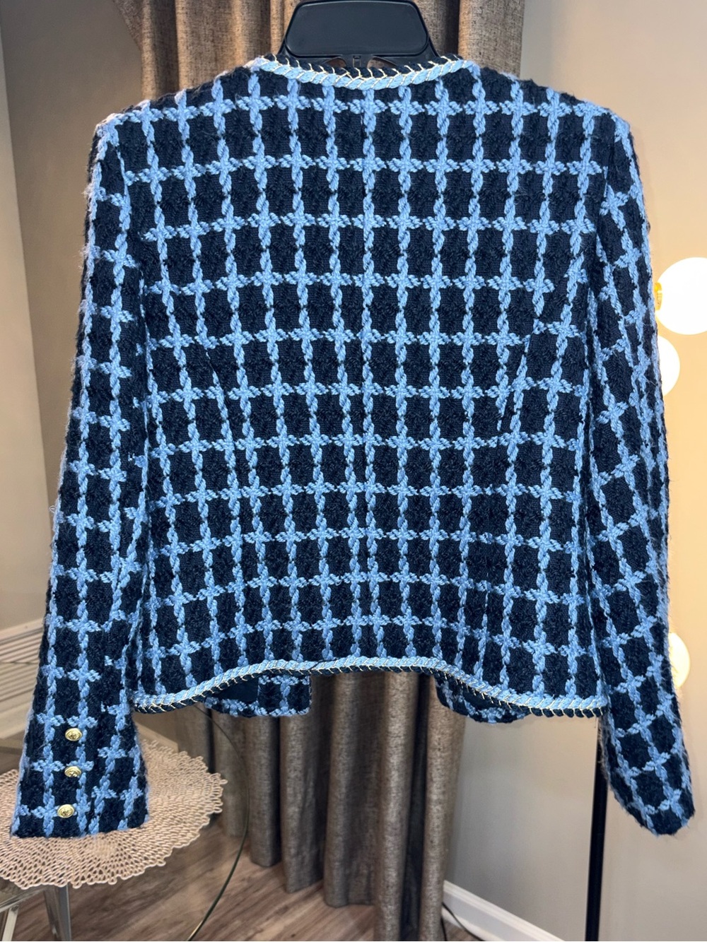 Nanette Lepore Blue and Black Tweed Open-Front Jacket - Picture 3 of 5